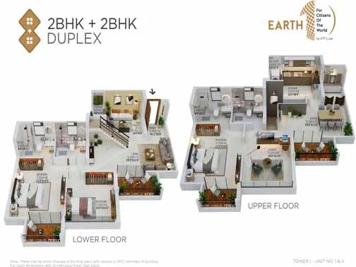 Duplex 2+2 BHK unit plan