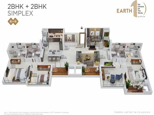 Simplex 2+2 BHK unit plan